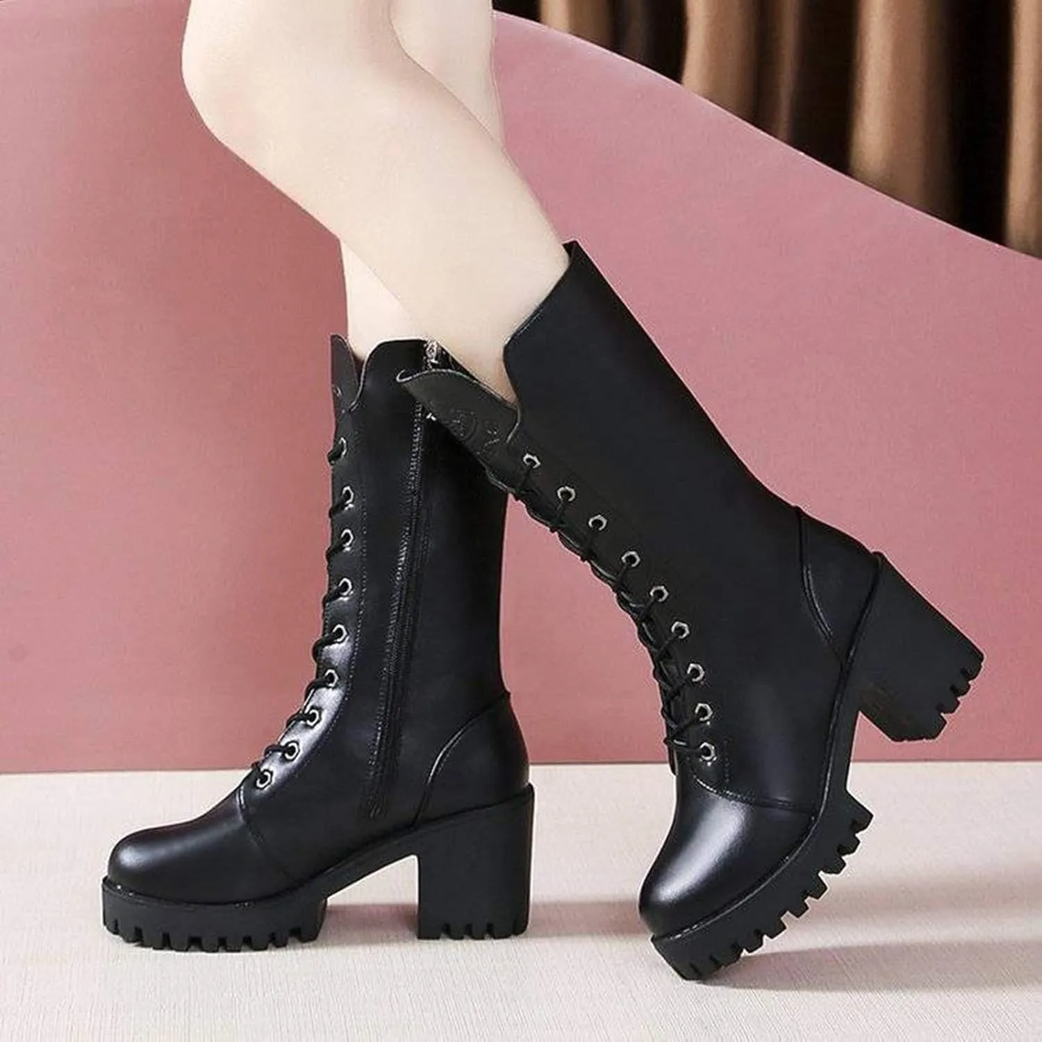 peqiut Knee High Boots Women Western Round Toe Lace Up Platform Cowboy Boots for Women Retro Leather Womens Boots