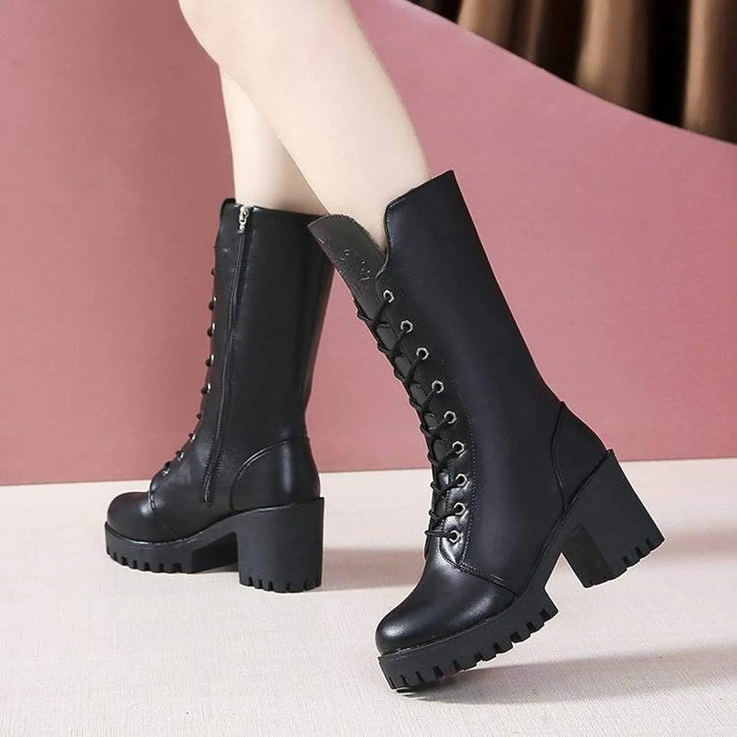 peqiut Knee High Boots Women Western Round Toe Lace Up Platform Cowboy Boots for Women Retro Leather Womens Boots
