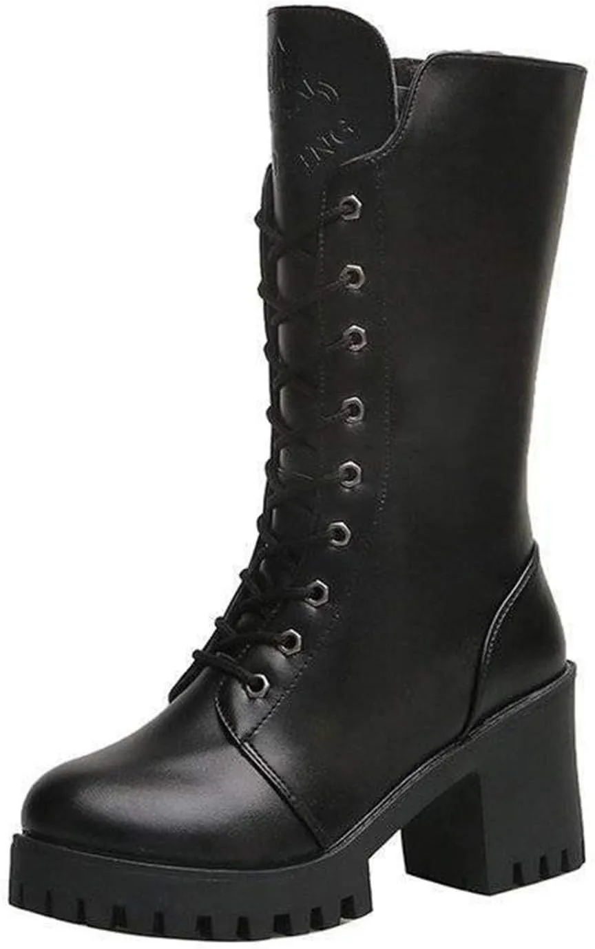 peqiut Knee High Boots Women Western Round Toe Lace Up Platform Cowboy Boots for Women Retro Leather Womens Boots