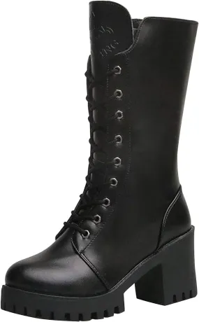peqiut Knee High Boots Women Western Round Toe Lace Up Platform Cowboy Boots for Women Retro Leather Womens Boots