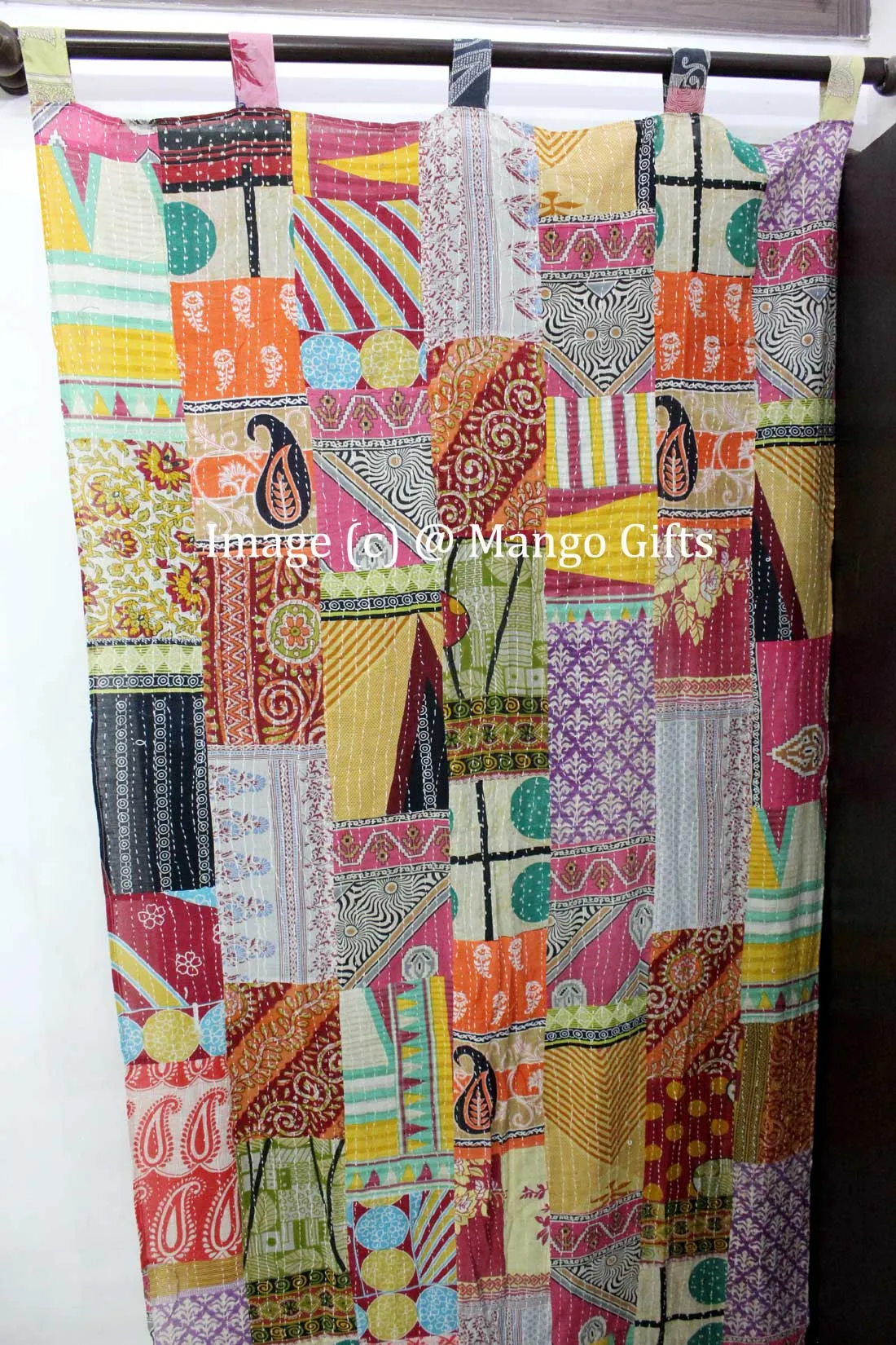 Recycled Indian Vintage Sari Curtain Kantha Embroidered Patchwork 100%Cotton Boho Theme Window Door Drapes