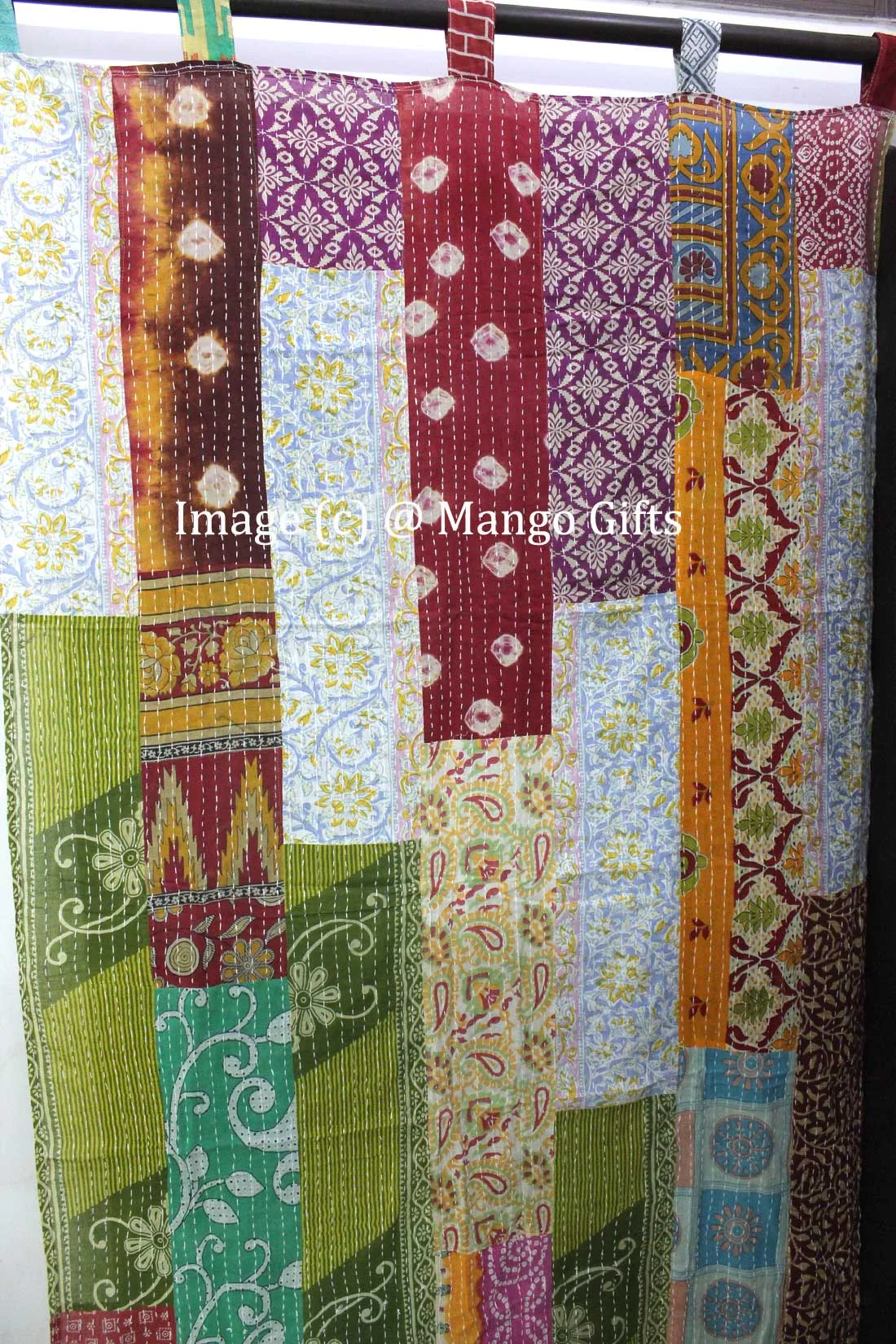 Recycled Indian Vintage Sari Curtain Kantha Embroidered Patchwork 100%Cotton Boho Theme Window Door Drapes