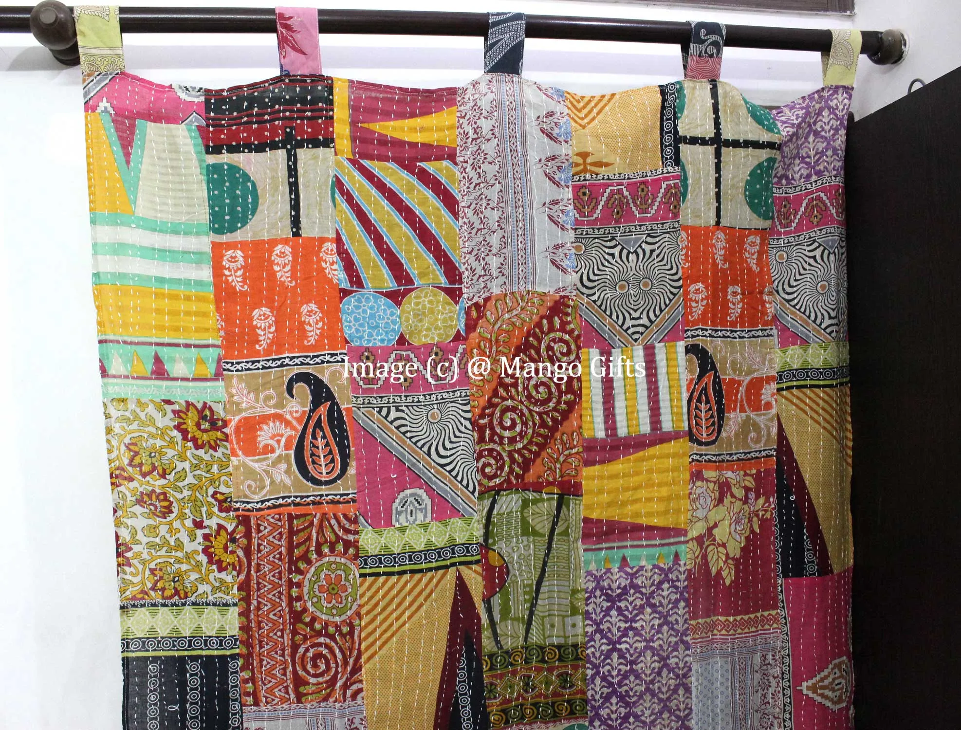 Recycled Indian Vintage Sari Curtain Kantha Embroidered Patchwork 100%Cotton Boho Theme Window Door Drapes