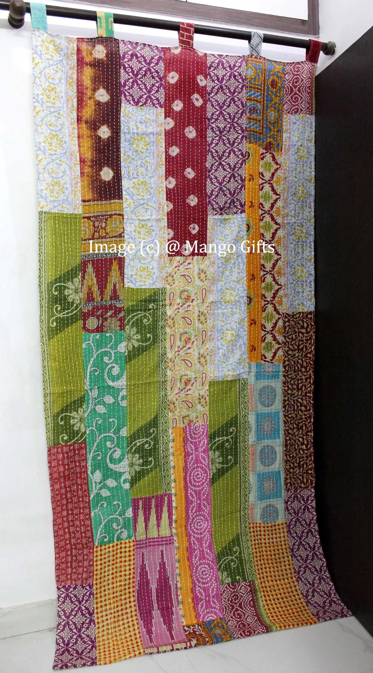 Recycled Indian Vintage Sari Curtain Kantha Embroidered Patchwork 100%Cotton Boho Theme Window Door Drapes