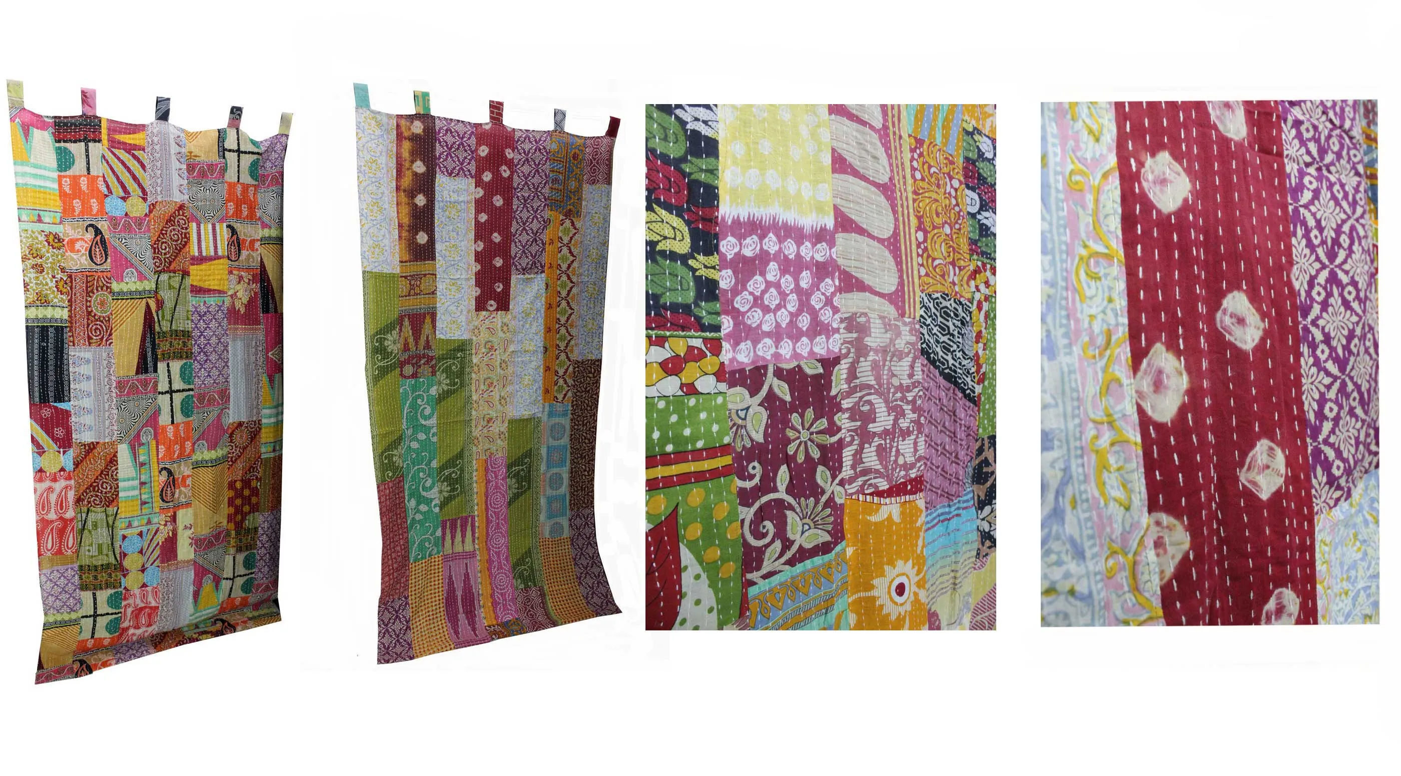 Recycled Indian Vintage Sari Curtain Kantha Embroidered Patchwork 100%Cotton Boho Theme Window Door Drapes