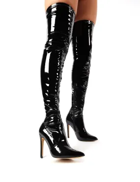 Ruthless Over the Knee Boots in Black Patent