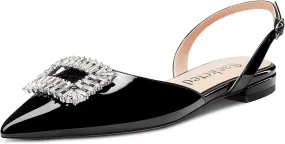 Saekcted Women Chunky Block Low Heel Pointed Toe Sandals Slingback Rhinestone Crystal Party Cute Shoes
