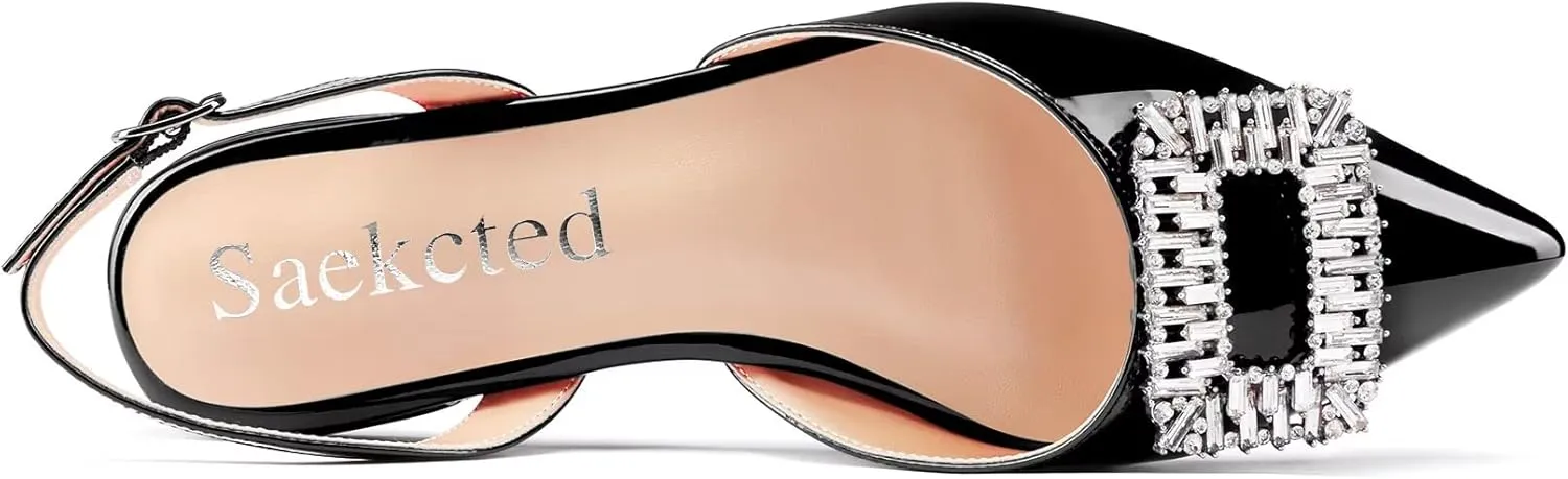 Saekcted Women Chunky Block Low Heel Pointed Toe Sandals Slingback Rhinestone Crystal Party Cute Shoes