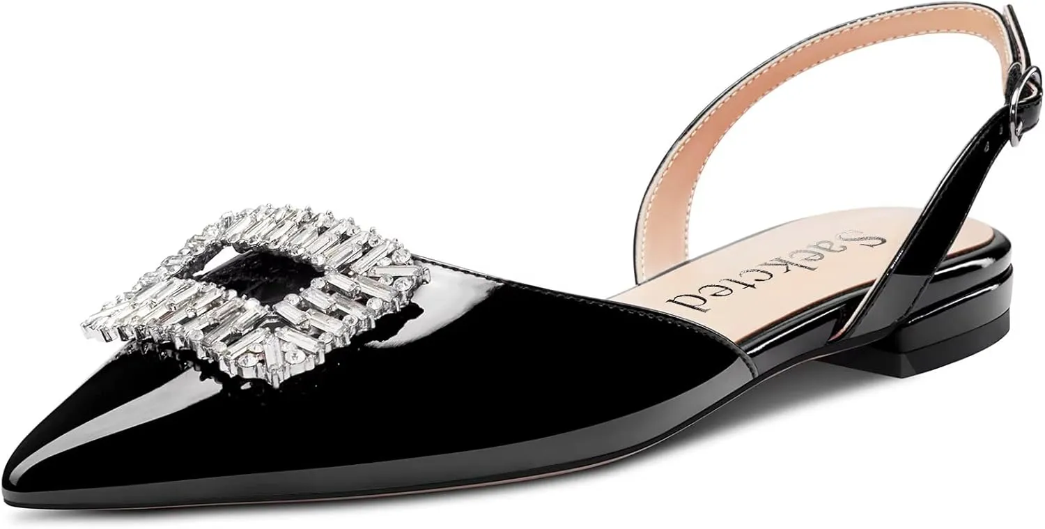 Saekcted Women Chunky Block Low Heel Pointed Toe Sandals Slingback Rhinestone Crystal Party Cute Shoes