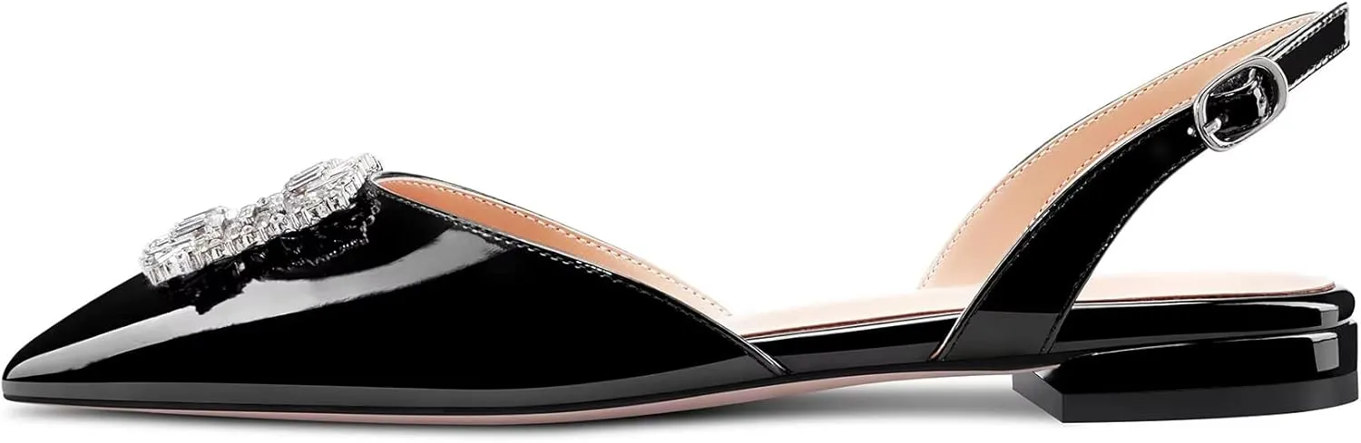 Saekcted Women Chunky Block Low Heel Pointed Toe Sandals Slingback Rhinestone Crystal Party Cute Shoes