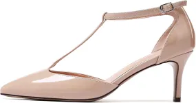 SAMMITOP Women's Kitten Heel Pointed Toe Pumps Ankle Strap Mid Heel T-bar Dress Shoes