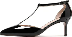 SAMMITOP Women's Kitten Heel Pointed Toe Pumps Ankle Strap Mid Heel T-bar Dress Shoes