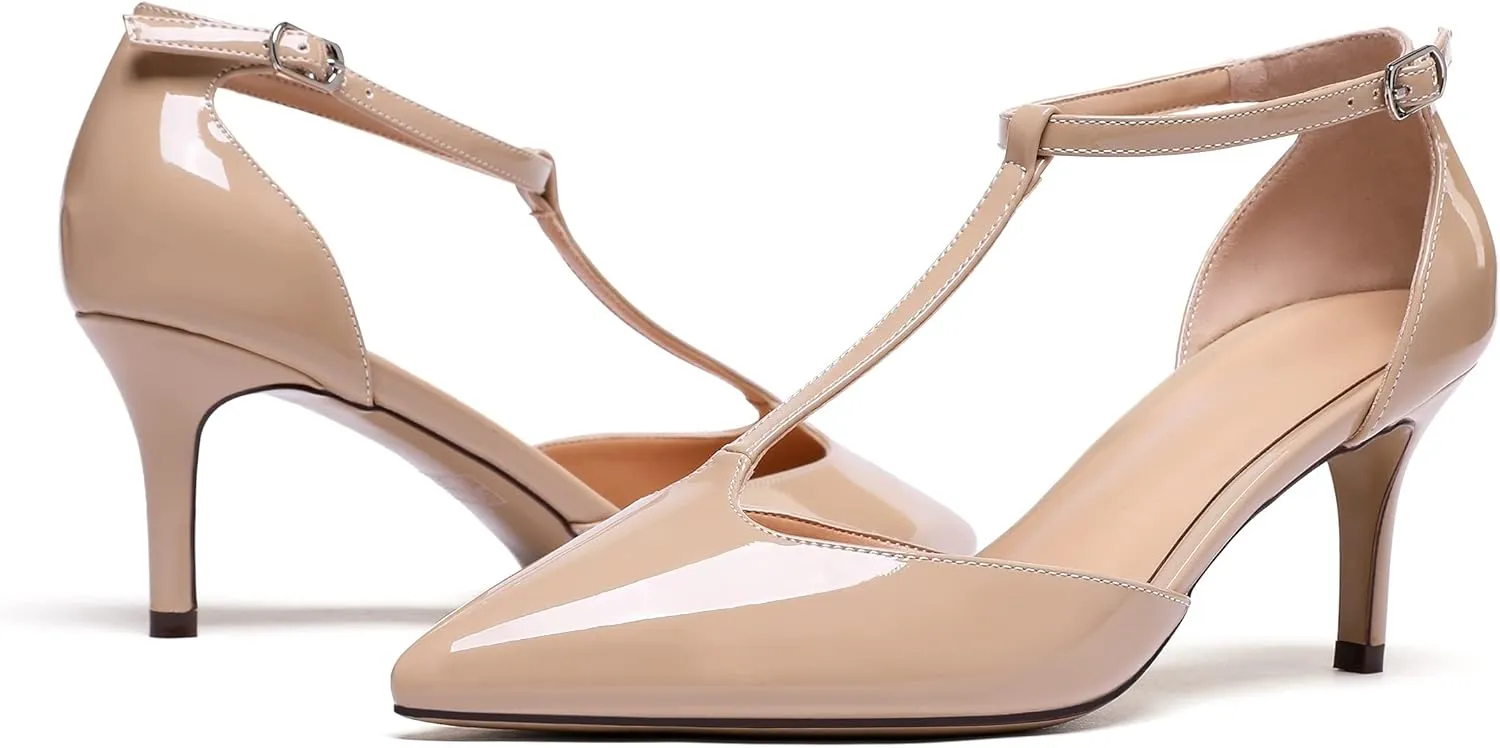 SAMMITOP Women's Kitten Heel Pointed Toe Pumps Ankle Strap Mid Heel T-bar Dress Shoes