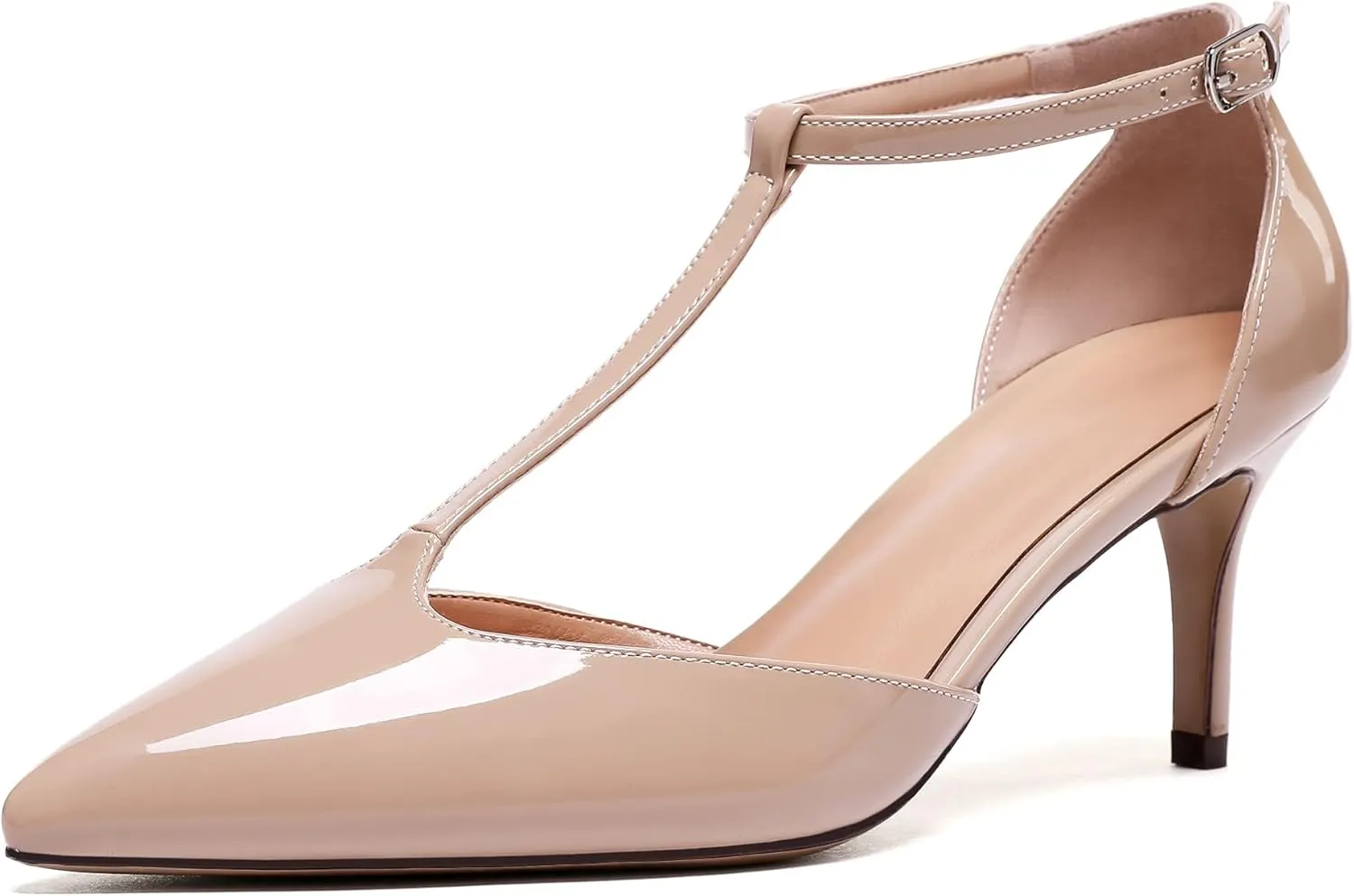 SAMMITOP Women's Kitten Heel Pointed Toe Pumps Ankle Strap Mid Heel T-bar Dress Shoes