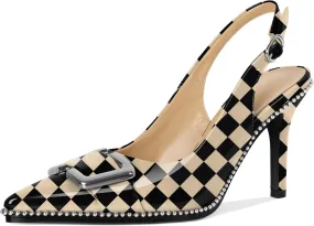 SAMMITOP Womens Slingback Stiletto High Heels Closed Pointed Toe Pumps Beaded Metal Buckle Sexy Office Dress Shoes 3.5 Inch
