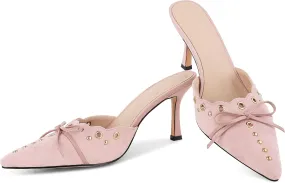 SaraIris Women's Black Mules Heels Pointed Toe Studded Slingback High Heel