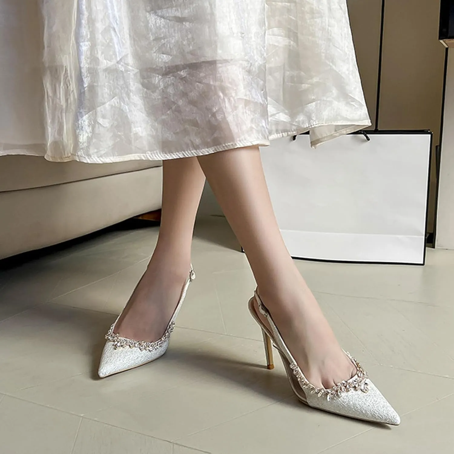 Satin Rhinestone Slingback High Heels for Women, Crystal Sparkle Ankle Strap Stiletto High Shoes Hollow Pointed Toe Thin Pumps Sandals