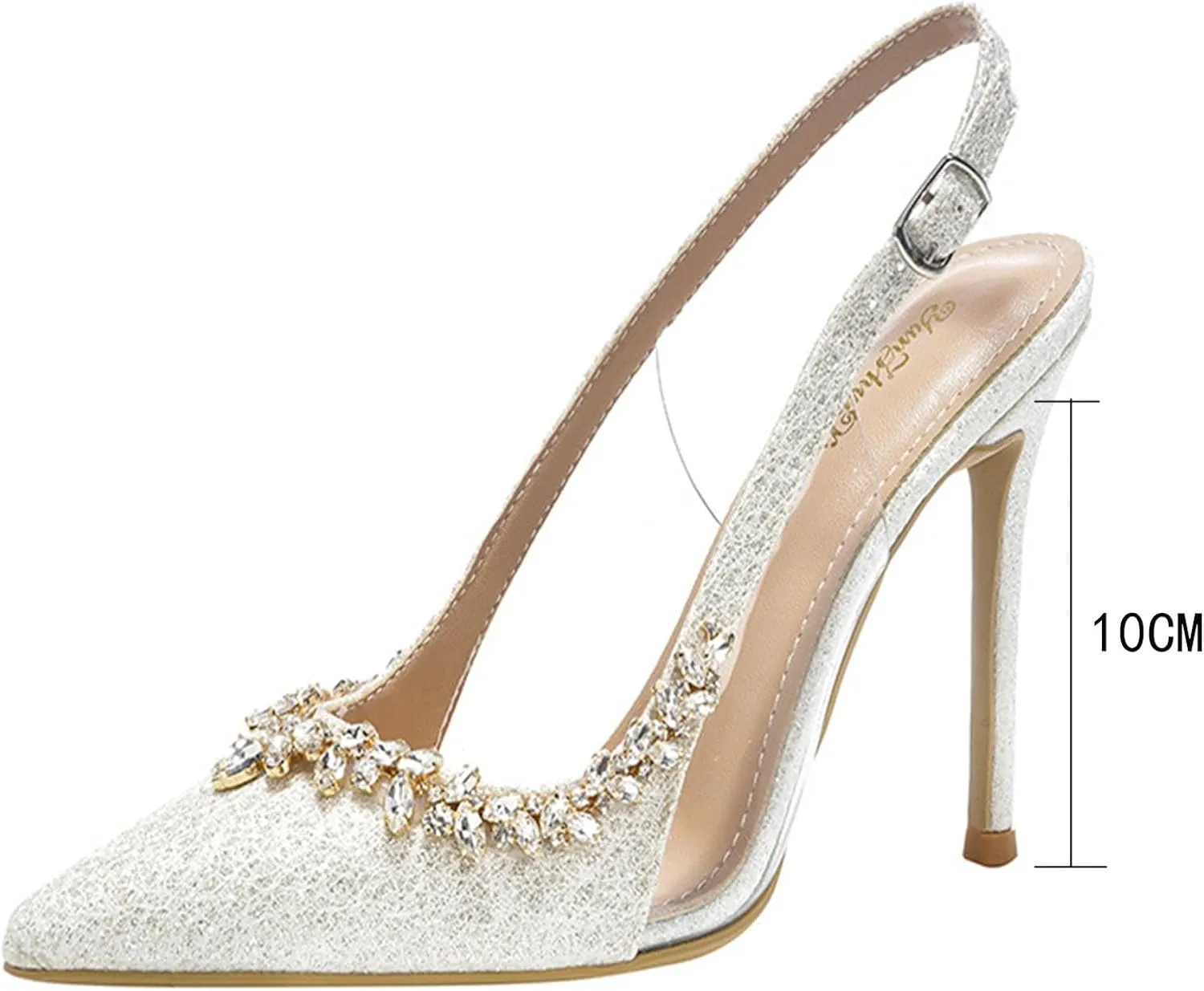 Satin Rhinestone Slingback High Heels for Women, Crystal Sparkle Ankle Strap Stiletto High Shoes Hollow Pointed Toe Thin Pumps Sandals