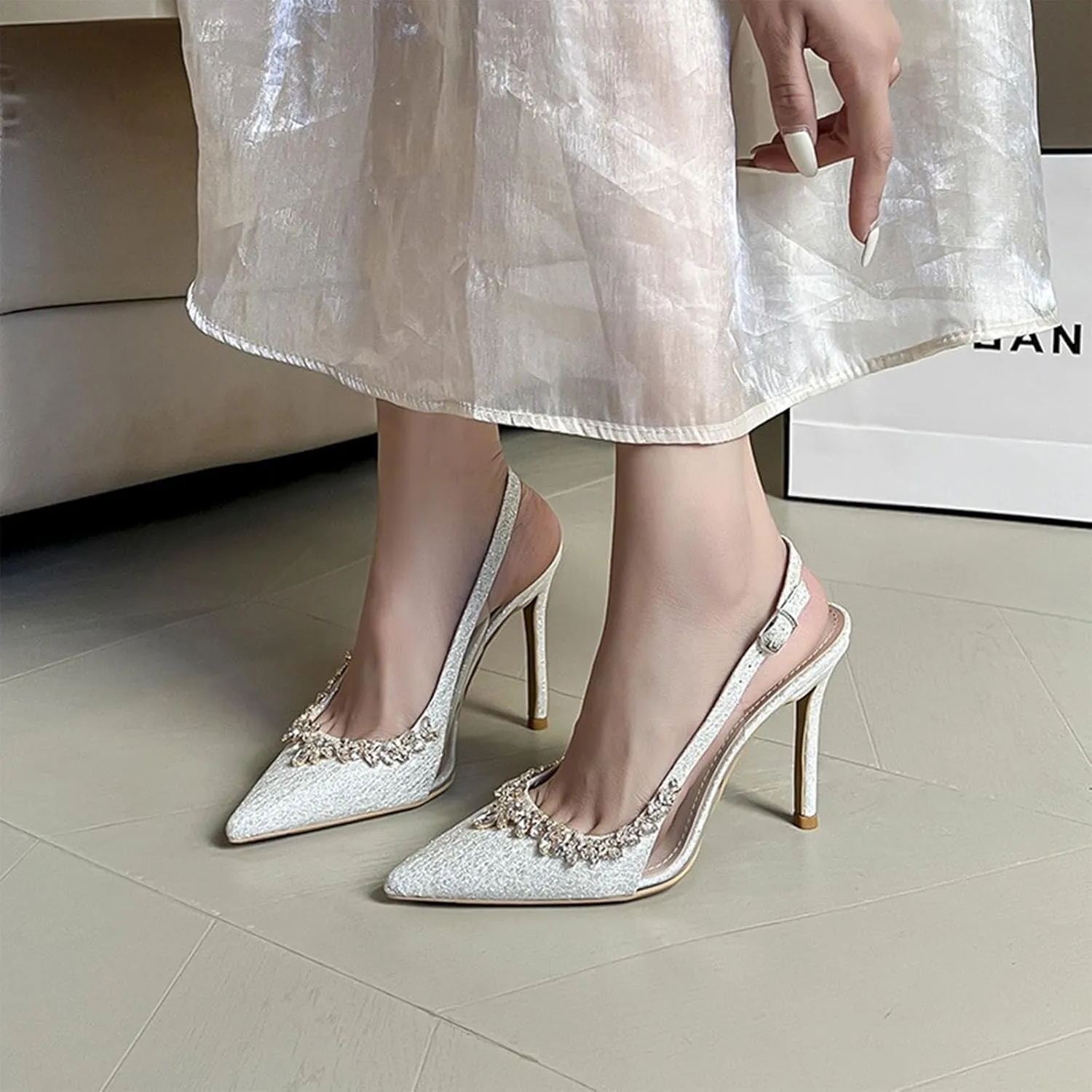 Satin Rhinestone Slingback High Heels for Women, Crystal Sparkle Ankle Strap Stiletto High Shoes Hollow Pointed Toe Thin Pumps Sandals