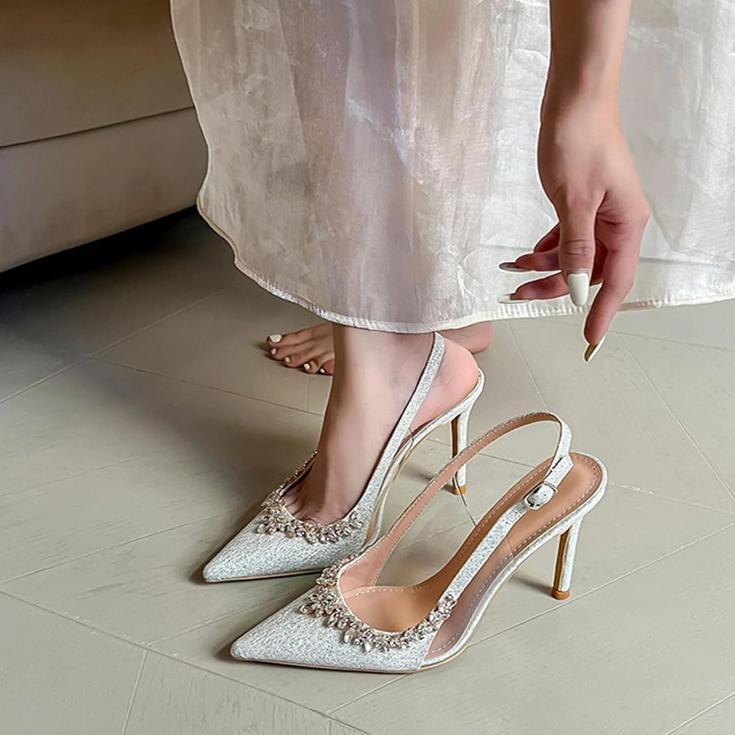 Satin Rhinestone Slingback High Heels for Women, Crystal Sparkle Ankle Strap Stiletto High Shoes Hollow Pointed Toe Thin Pumps Sandals