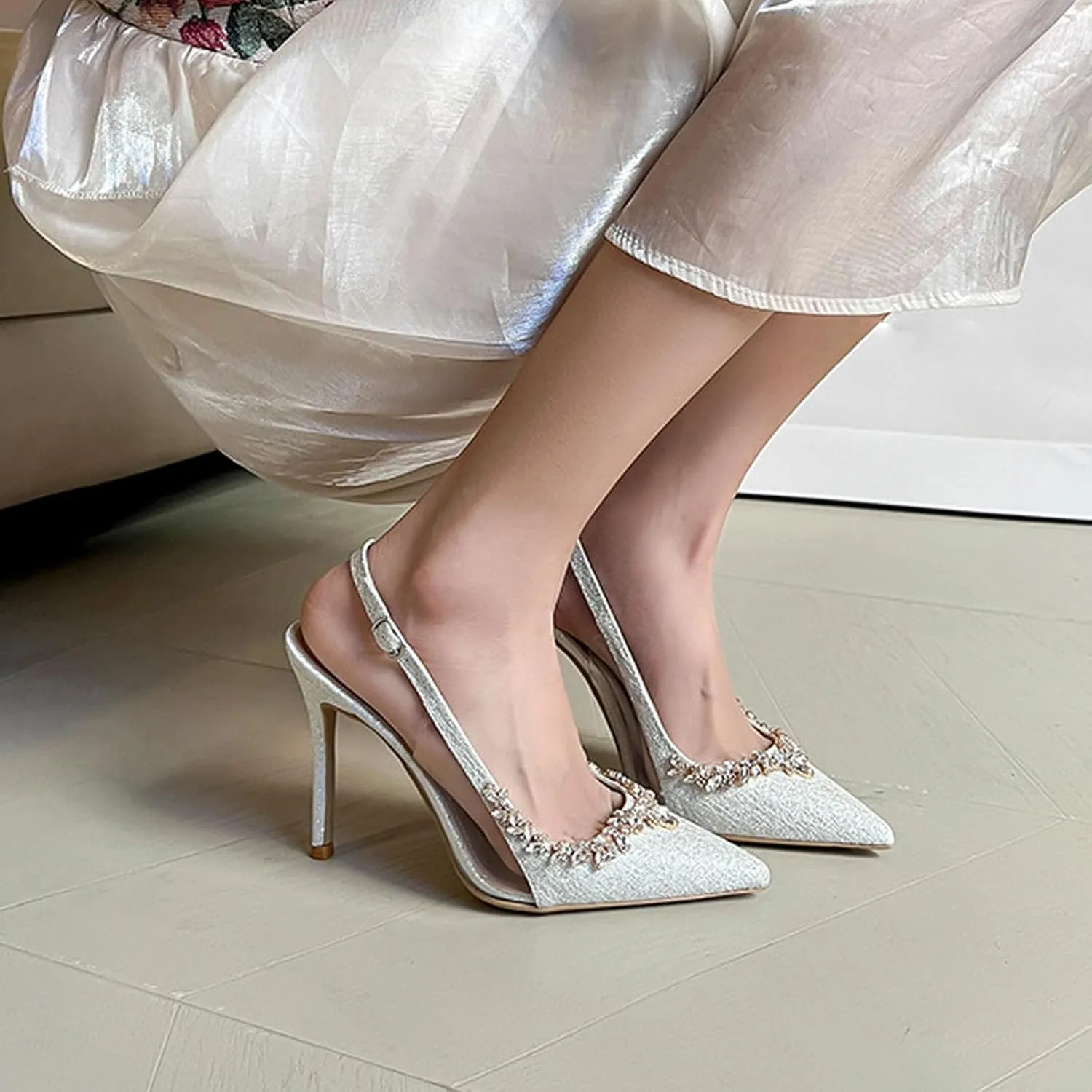 Satin Rhinestone Slingback High Heels for Women, Crystal Sparkle Ankle Strap Stiletto High Shoes Hollow Pointed Toe Thin Pumps Sandals