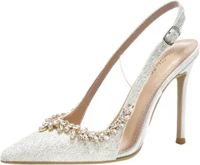 Satin Rhinestone Slingback High Heels for Women, Crystal Sparkle Ankle Strap Stiletto High Shoes Hollow Pointed Toe Thin Pumps Sandals