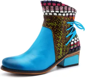 Vintage Ankle Boots for Women Leather Round Toe Back Lace Up Booties Side Zipper Chunky Block Low Heels Boots