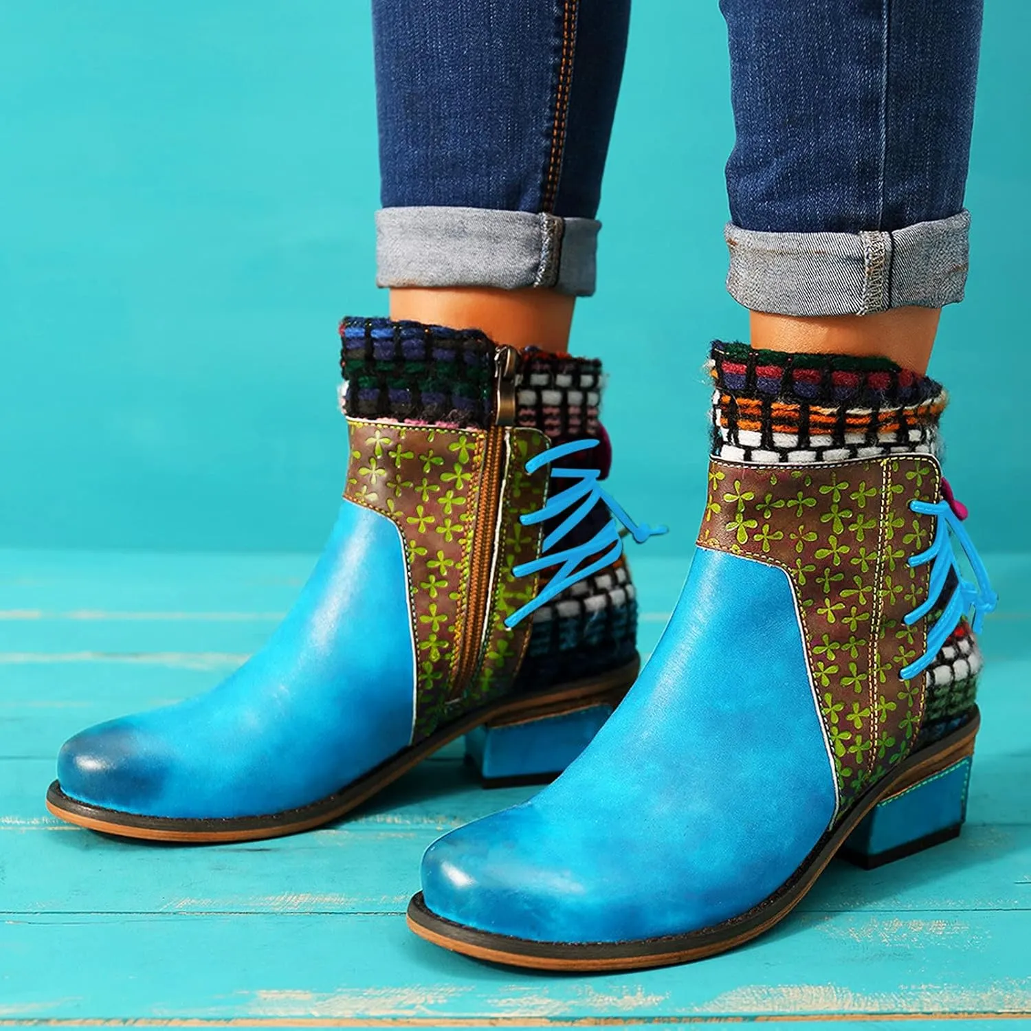 Vintage Ankle Boots for Women Leather Round Toe Back Lace Up Booties Side Zipper Chunky Block Low Heels Boots