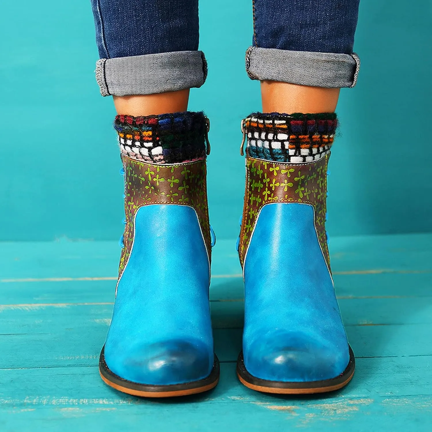 Vintage Ankle Boots for Women Leather Round Toe Back Lace Up Booties Side Zipper Chunky Block Low Heels Boots
