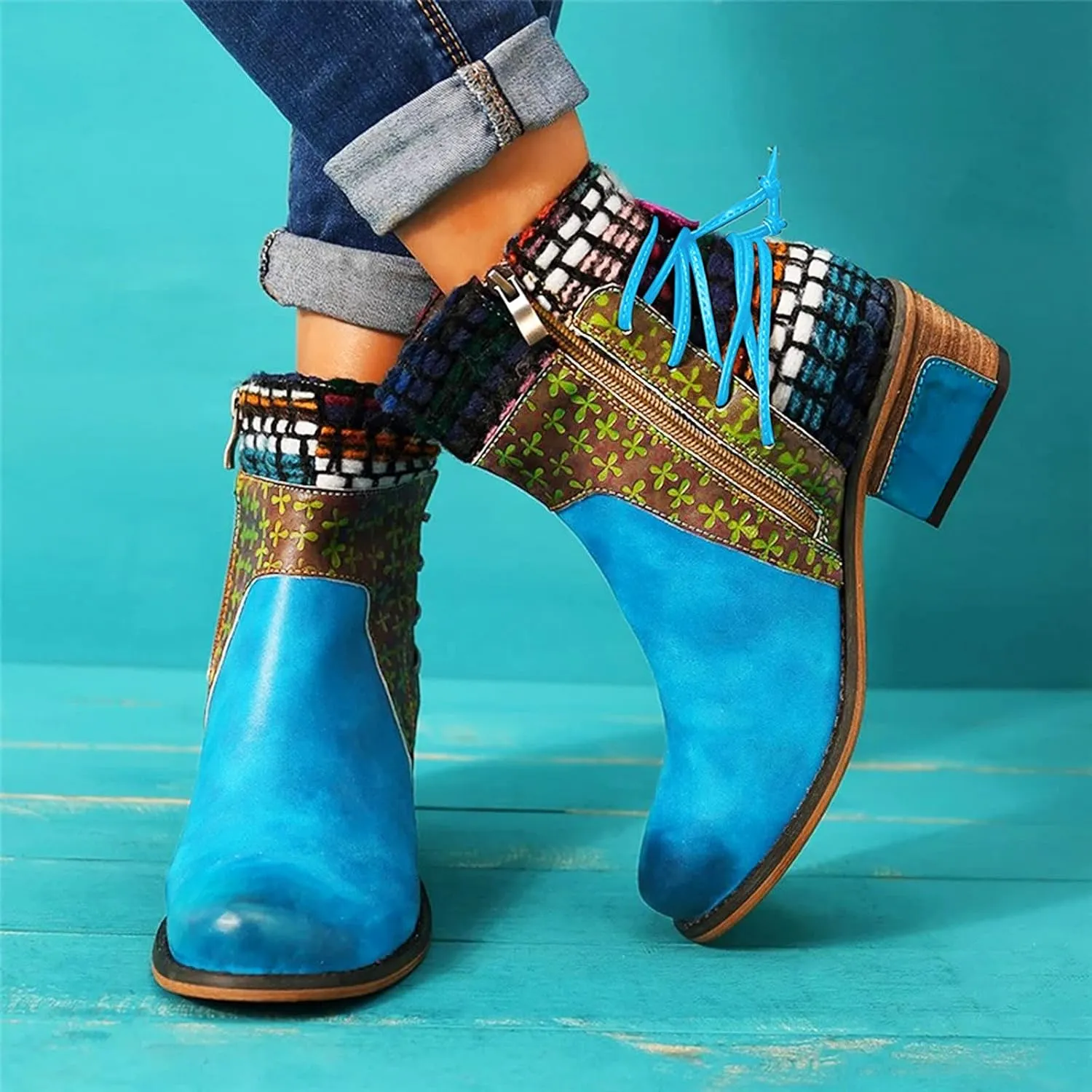 Vintage Ankle Boots for Women Leather Round Toe Back Lace Up Booties Side Zipper Chunky Block Low Heels Boots