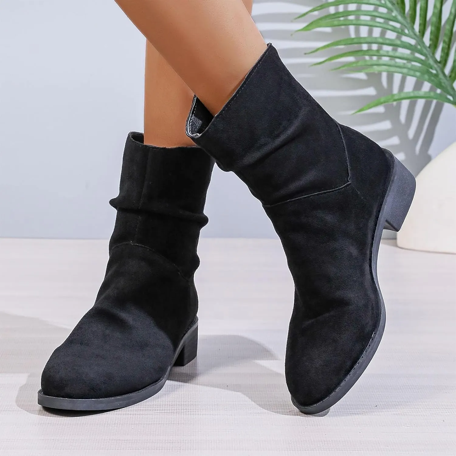 Women Ankle Boots Low Heel Round Toe Fashion Bootie Wide Calf Casual Fall Short Booties Comfort Slouchy Winter Shoes