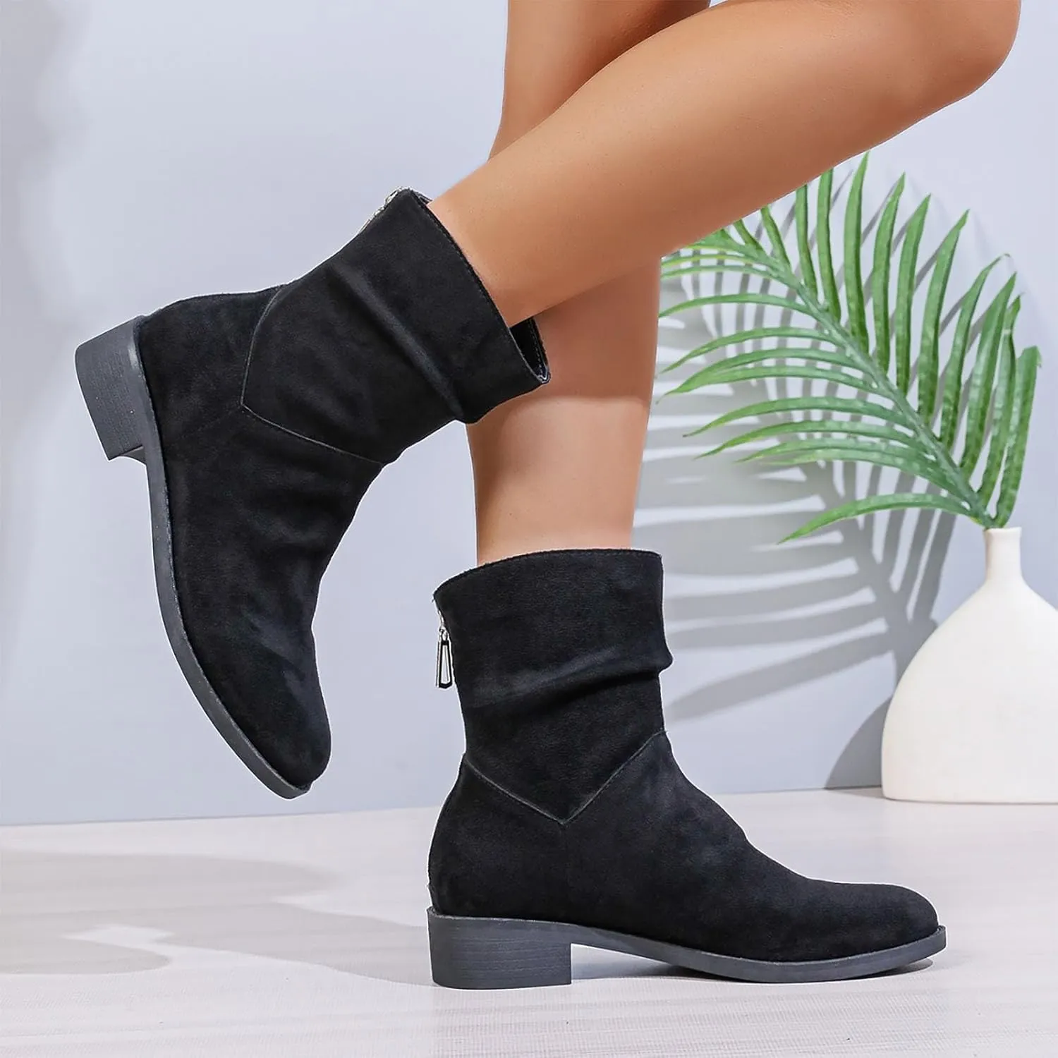 Women Ankle Boots Low Heel Round Toe Fashion Bootie Wide Calf Casual Fall Short Booties Comfort Slouchy Winter Shoes