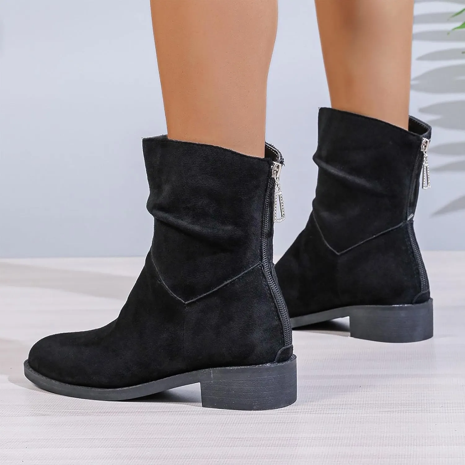 Women Ankle Boots Low Heel Round Toe Fashion Bootie Wide Calf Casual Fall Short Booties Comfort Slouchy Winter Shoes