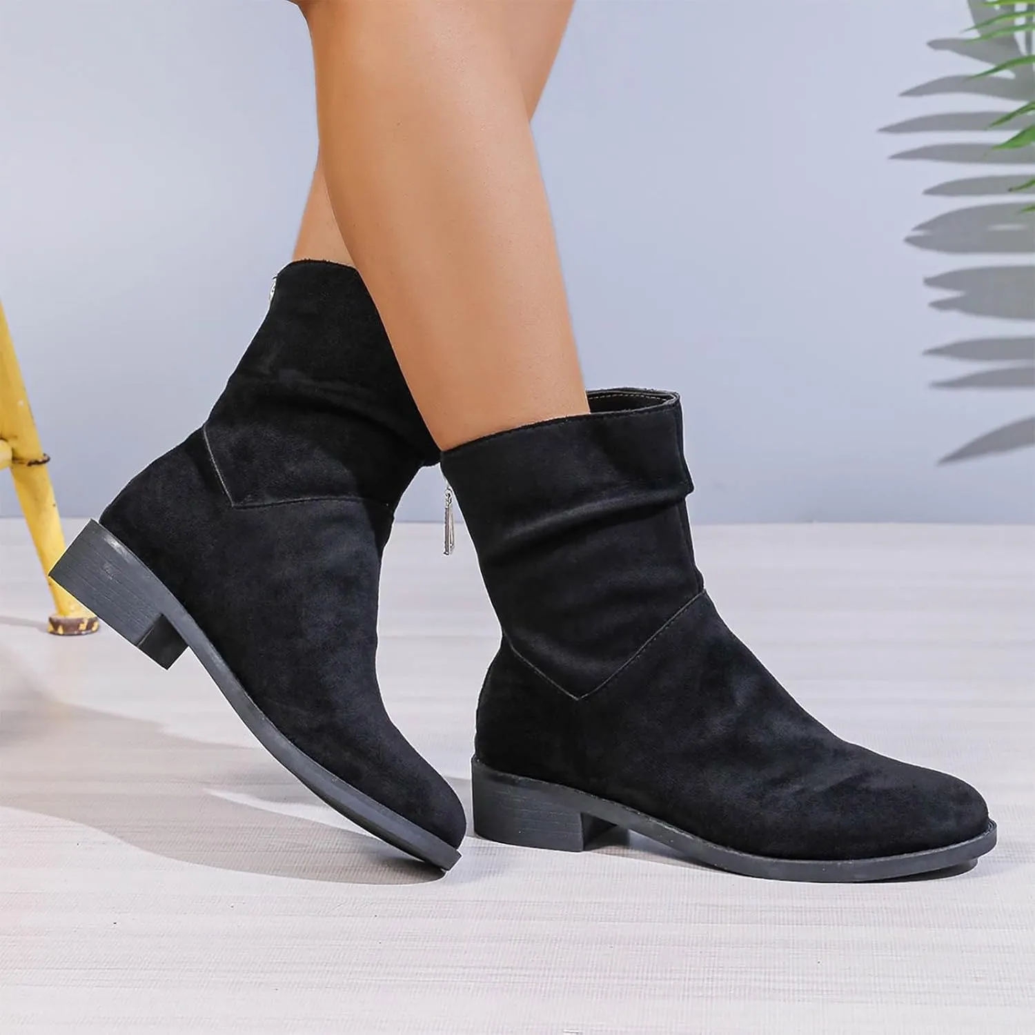 Women Ankle Boots Low Heel Round Toe Fashion Bootie Wide Calf Casual Fall Short Booties Comfort Slouchy Winter Shoes