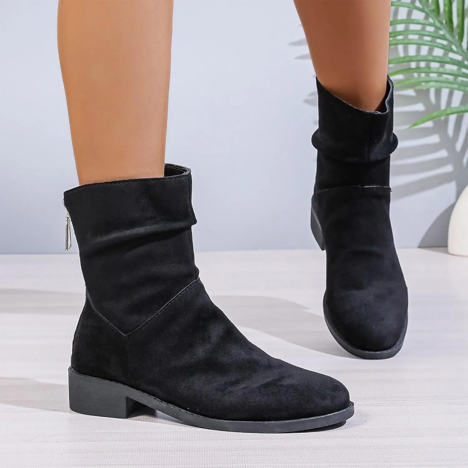 Women Ankle Boots Low Heel Round Toe Fashion Bootie Wide Calf Casual Fall Short Booties Comfort Slouchy Winter Shoes