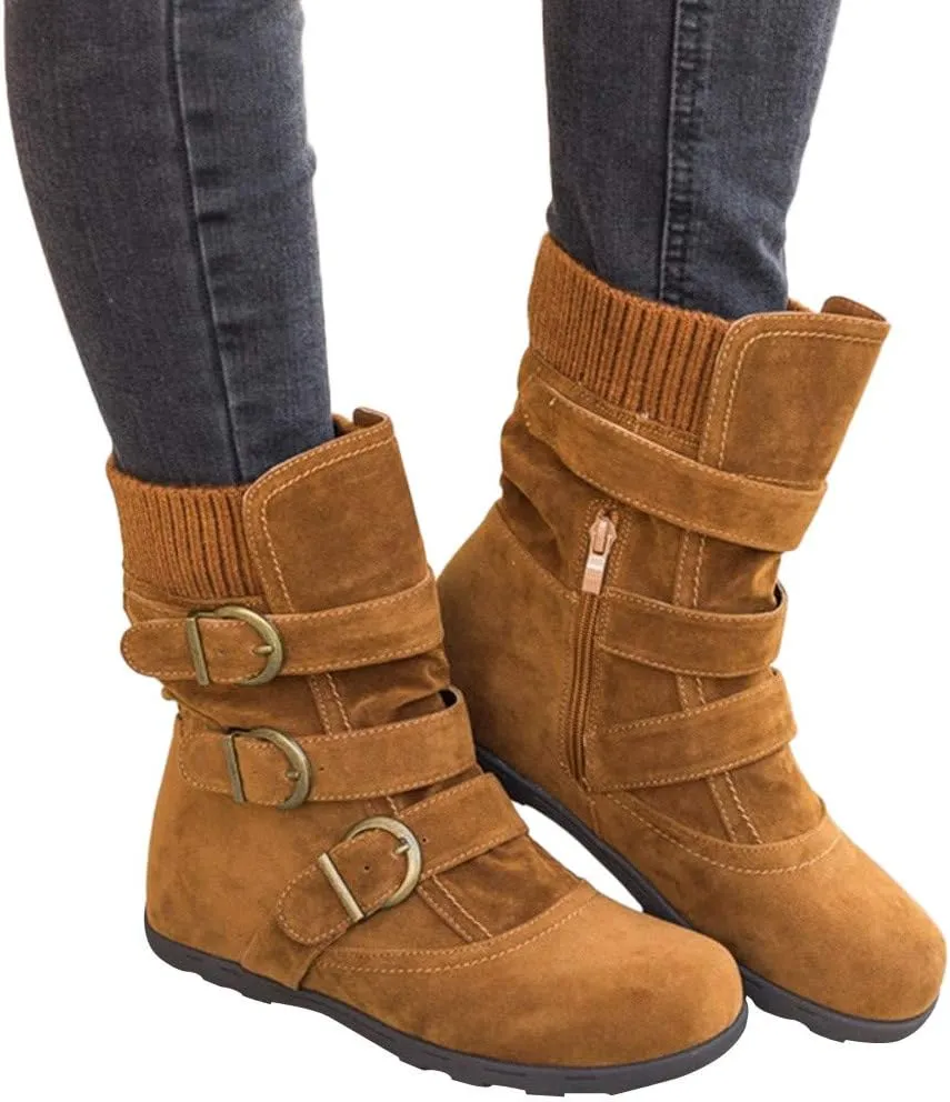 Women Round Toe Zipper Flat Color Buckle Strap Keep Warm Snow Boots Shoe Insoles Heel