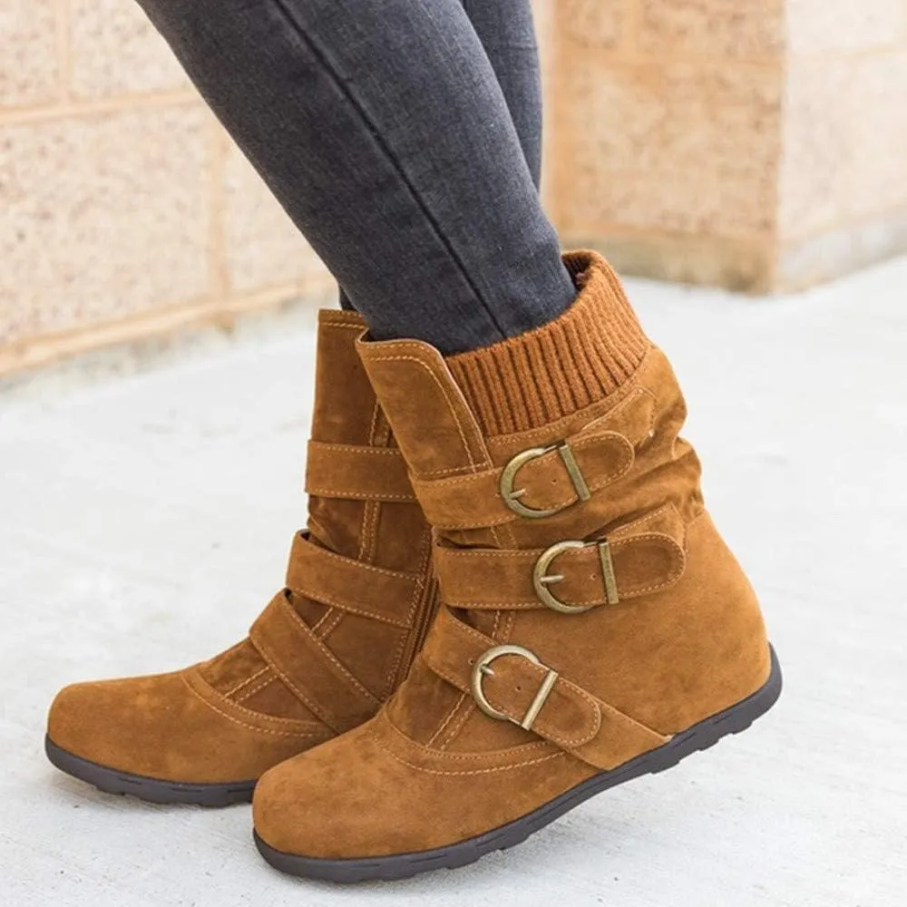 Women Round Toe Zipper Flat Color Buckle Strap Keep Warm Snow Boots Shoe Insoles Heel