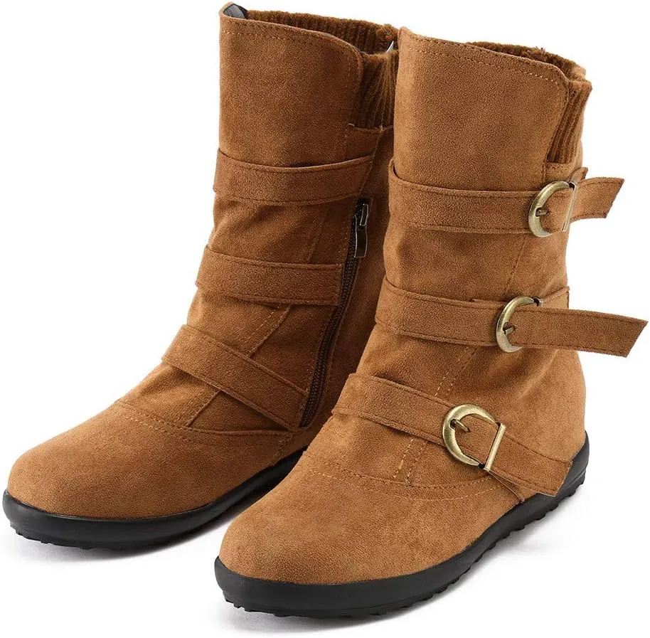 Women Round Toe Zipper Flat Color Buckle Strap Keep Warm Snow Boots Shoe Insoles Heel
