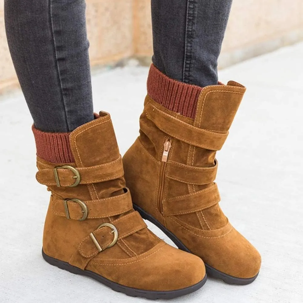 Women Round Toe Zipper Flat Color Buckle Strap Keep Warm Snow Boots Shoe Insoles Heel