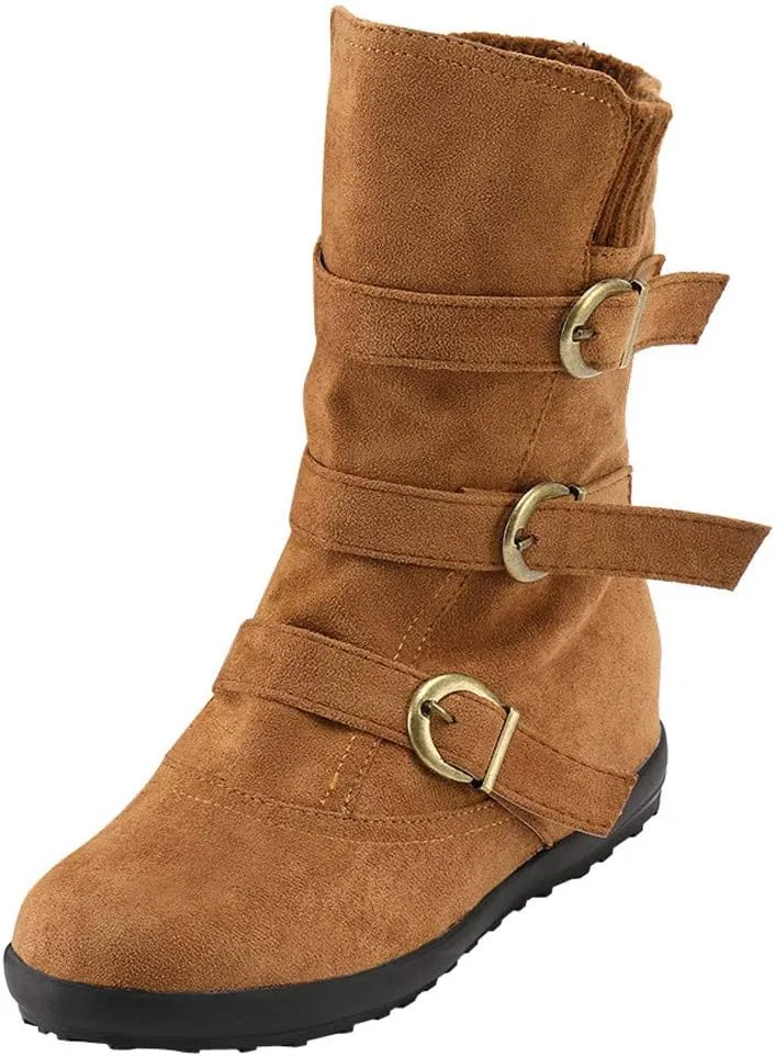 Women Round Toe Zipper Flat Color Buckle Strap Keep Warm Snow Boots Shoe Insoles Heel