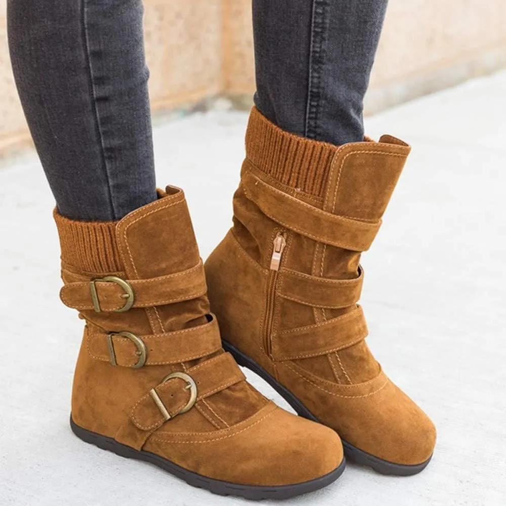 Women Round Toe Zipper Flat Color Buckle Strap Keep Warm Snow Boots Shoe Insoles Heel