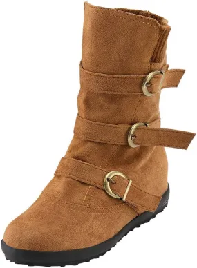 Women Round Toe Zipper Flat Color Buckle Strap Keep Warm Snow Boots Shoe Insoles Heel