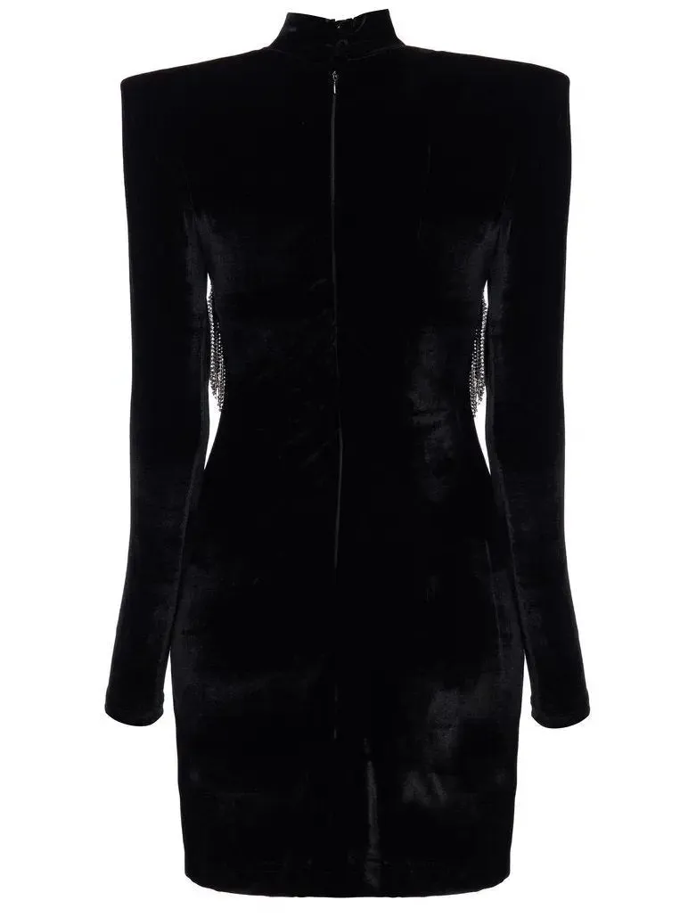 Women’s Black Velvet Crystal-Embellished Mini Dress