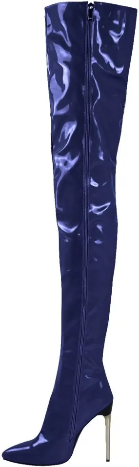 Womens Patent Leather Over The Knee Boots Sexy 4.3 Inch Stiletto High Heel Stretch Side Zipper Thigh Long Boots Pointed Toe Over The Knee Booties