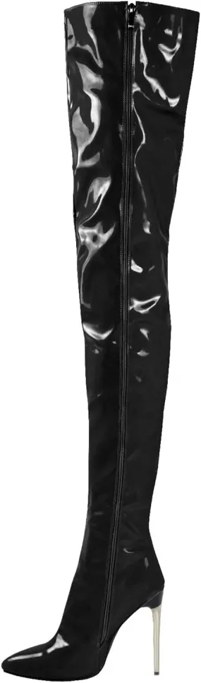 Womens Patent Leather Over The Knee Boots Sexy 4.3 Inch Stiletto High Heel Stretch Side Zipper Thigh Long Boots Pointed Toe Over The Knee Booties