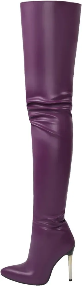 Womens Patent Leather Over The Knee Boots Sexy 4.3 Inch Stiletto High Heel Stretch Side Zipper Thigh Long Boots Pointed Toe Over The Knee Booties