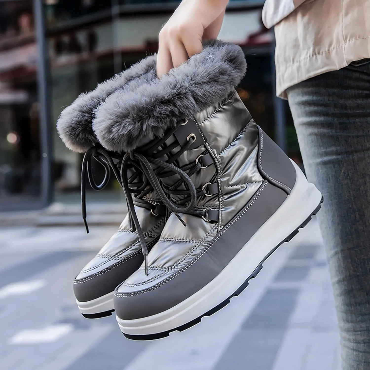 Women's Winter Snow Boots Waterproof Black Fur Lined Warm Mid Calf Boots for Women Non-Slip Ankle Boots Keen High Cowboy