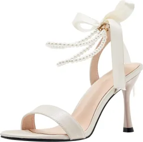 YooPrettyz Women Bows Tie Evening High Heels Single Straps Wedding Sandals Pearls Bridal Party Princess Heels