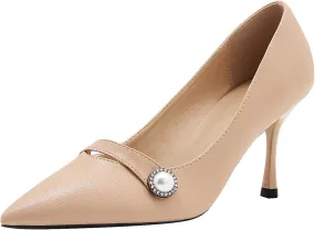 YooPrettyz Women Leather Pumps Closed Pointy Toe Office Wear High Heels Pearls Evening Stiletto Shoes