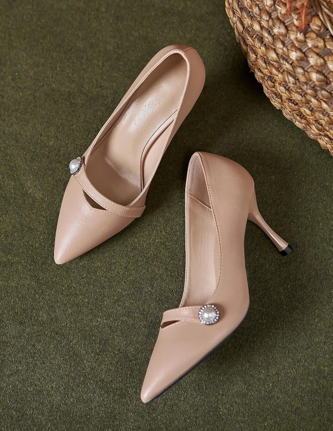 YooPrettyz Women Leather Pumps Closed Pointy Toe Office Wear High Heels Pearls Evening Stiletto Shoes